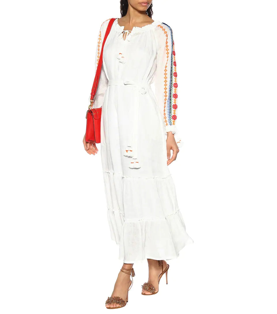 Women Spring And Summer Bohemian Holiday Style Strap Embroidered Tassel Long Sleeve Dress by Ragazza