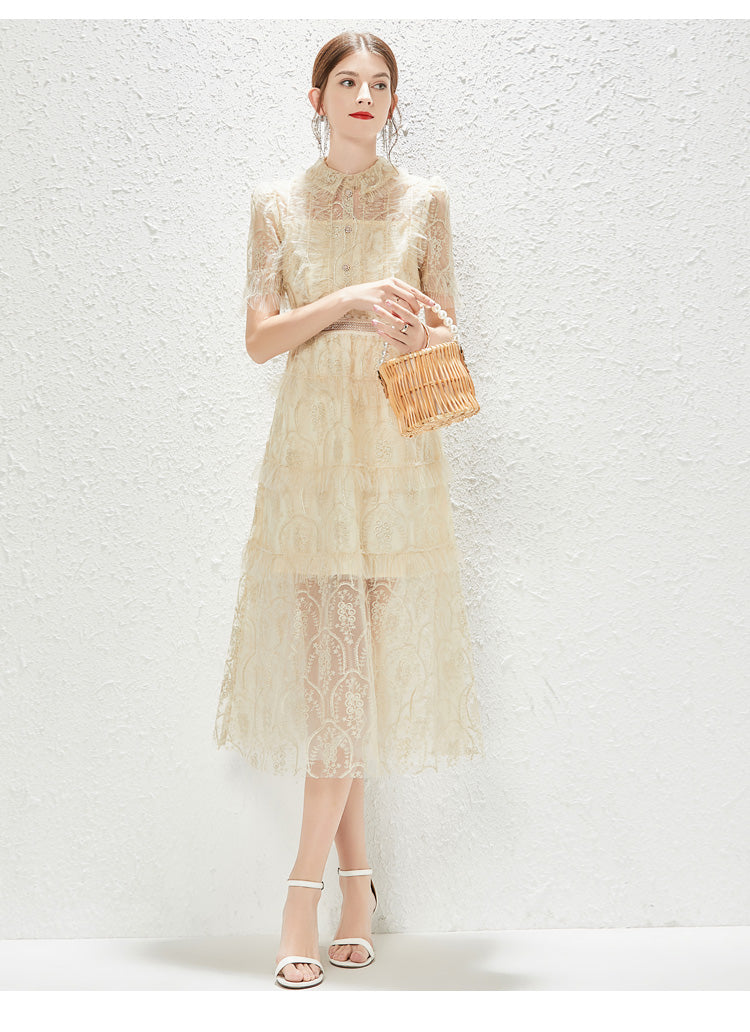 New Heavy Industry Embroidery Lace Lapel Waist Mesh Dress by Ragazza
