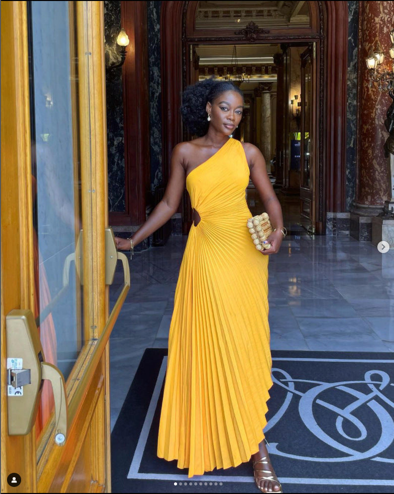 Popular Slim One Shoulder Cutout Pleated Dress by Ragazza