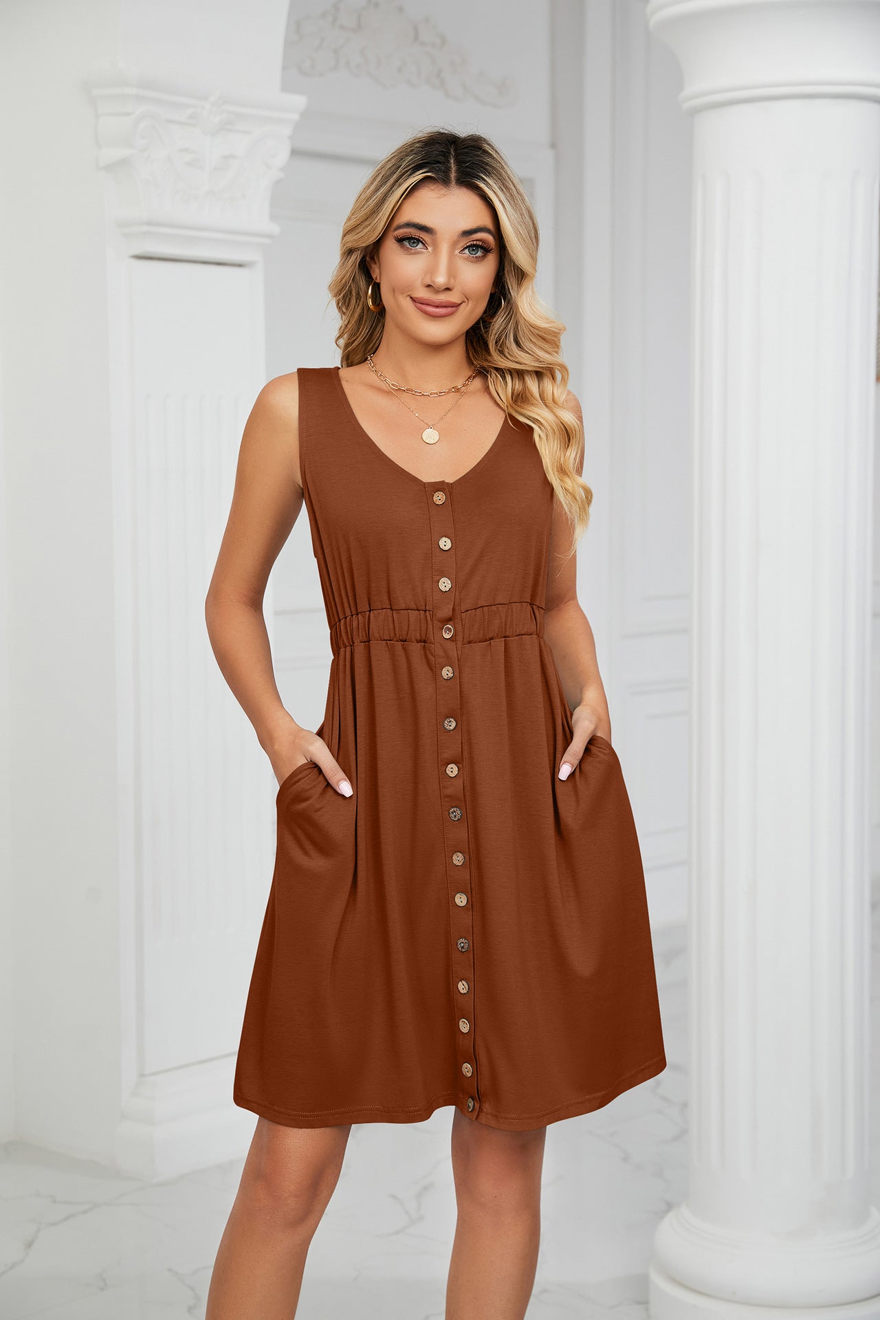 Spring Summer Solid Color Sleeveless Button Pocket Crew Neck Split Waist Dress by Ragazza