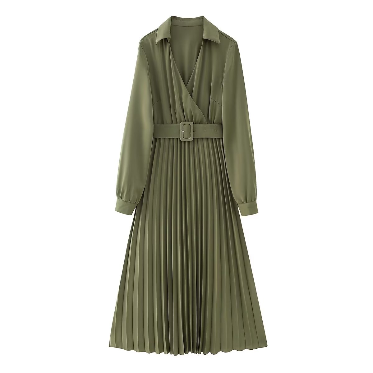 Women Clothing Winter V neck Belt Pleated Dress DestGlow