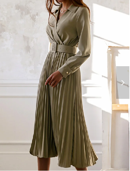 Women Clothing Winter V neck Belt Pleated Dress DestGlow