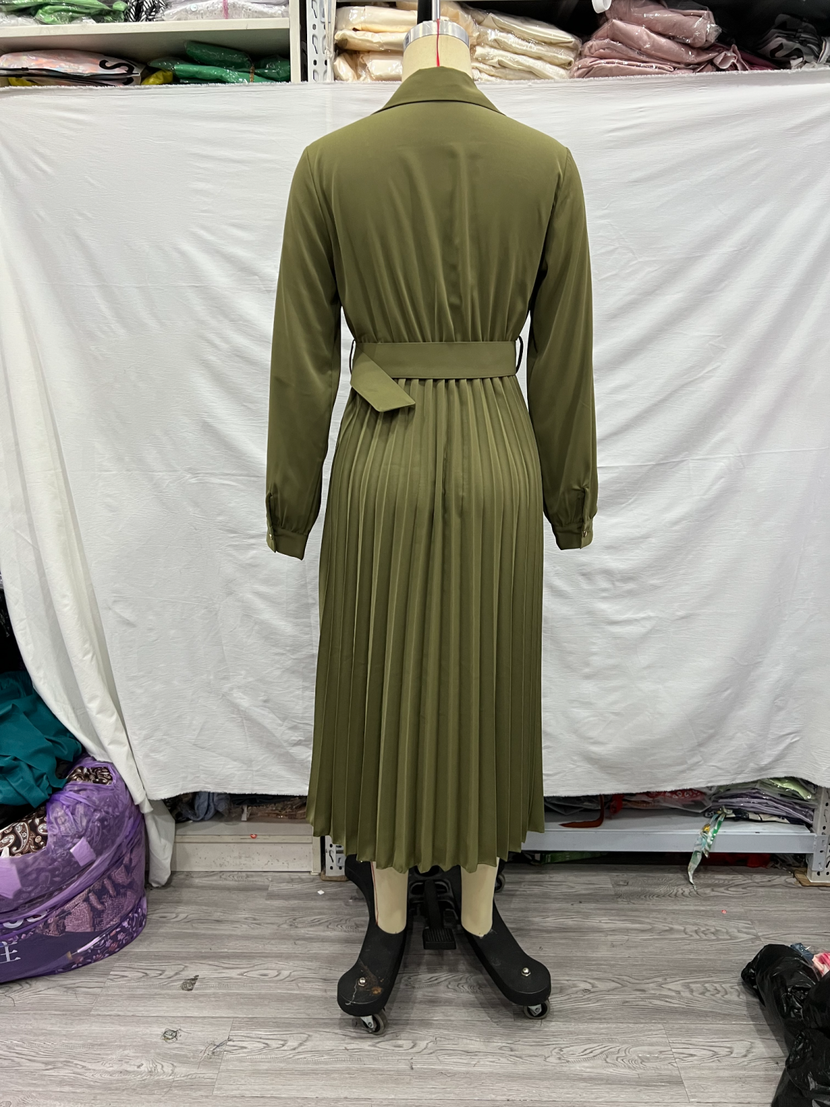 Women Clothing Winter V neck Belt Pleated Dress DestGlow