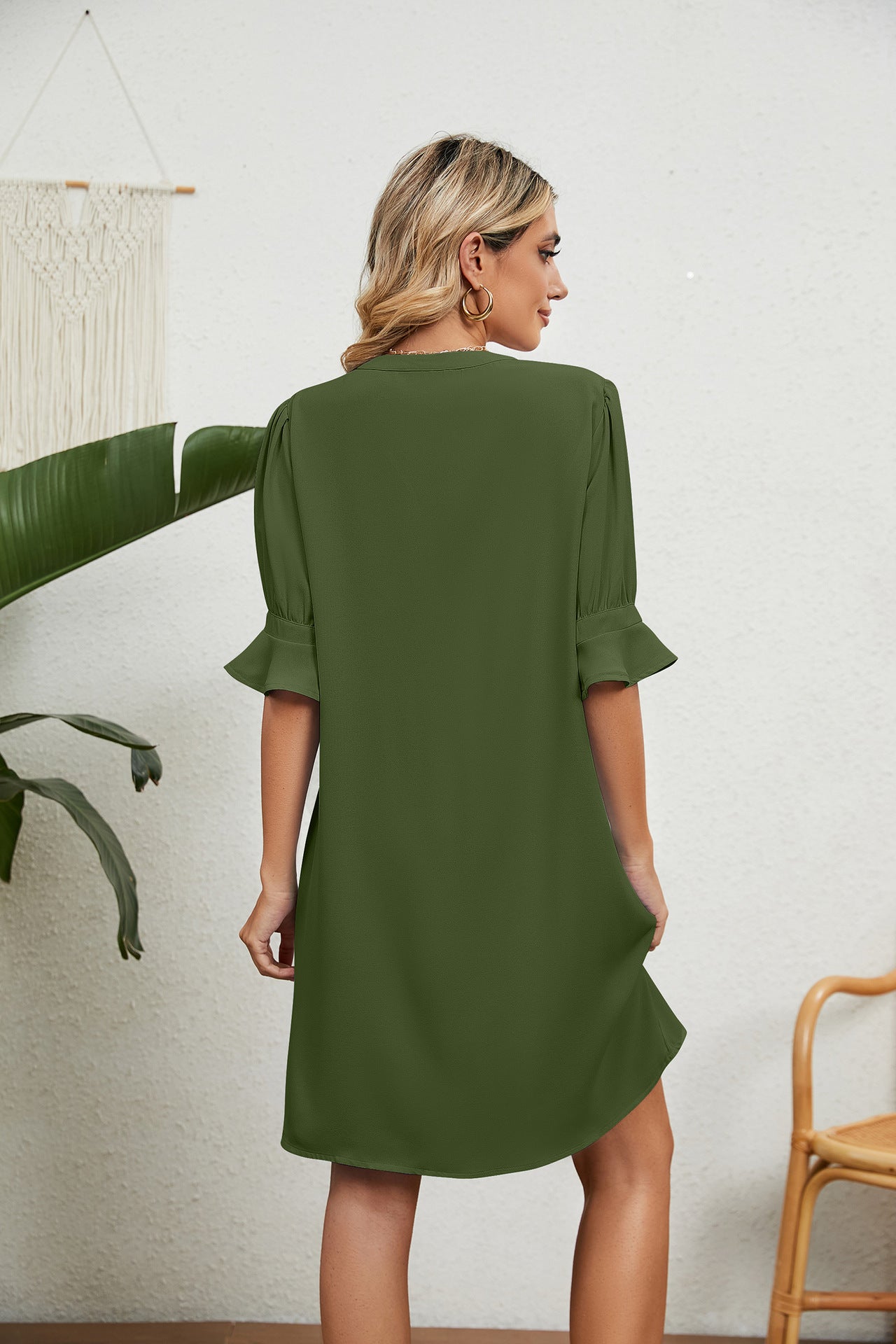 Summer Solid Color V neck Loose Pleated Half Length Sleeve Dress Women by Ragazza