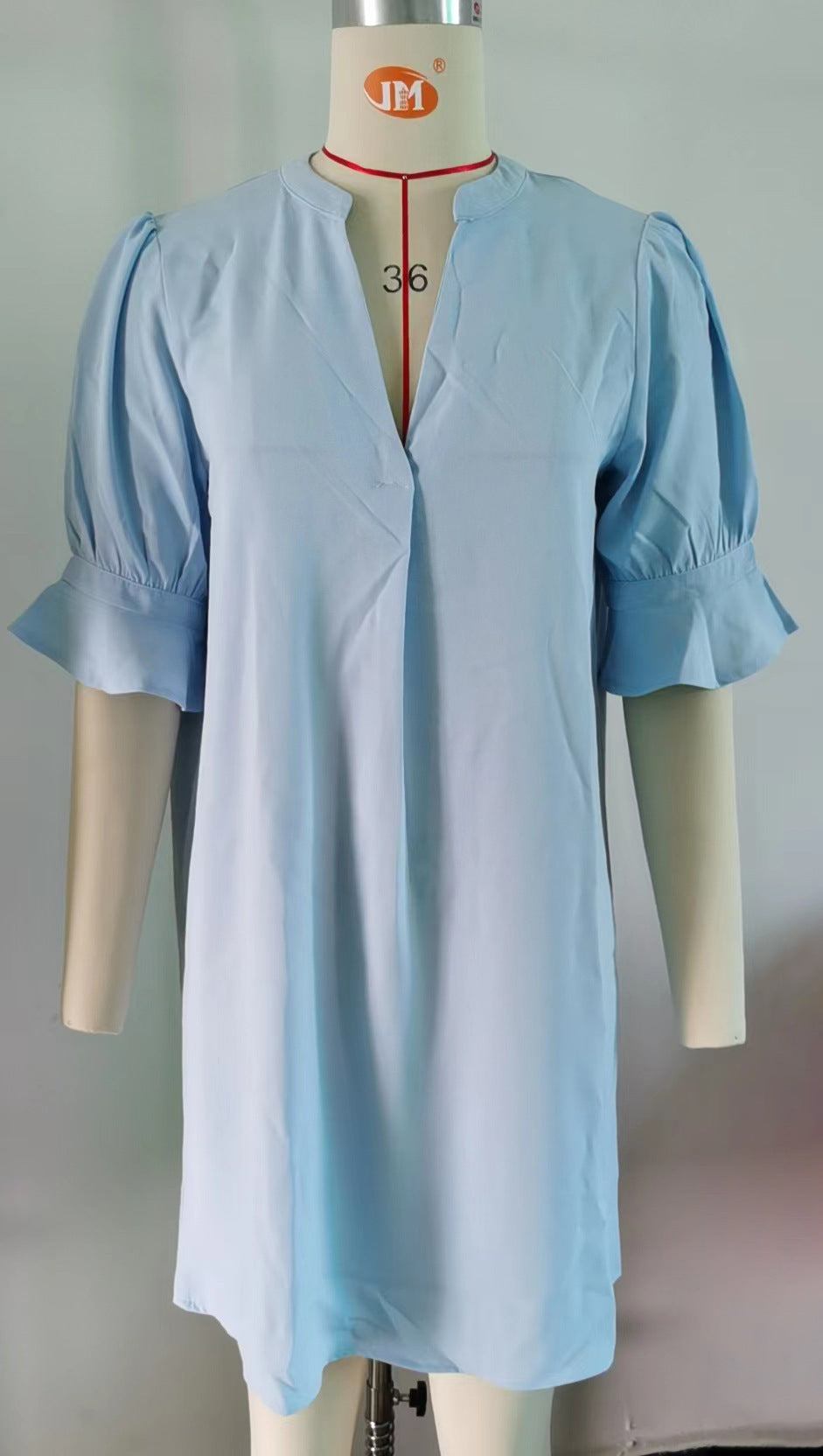 Summer Solid Color V neck Loose Pleated Half Length Sleeve Dress Women by Ragazza