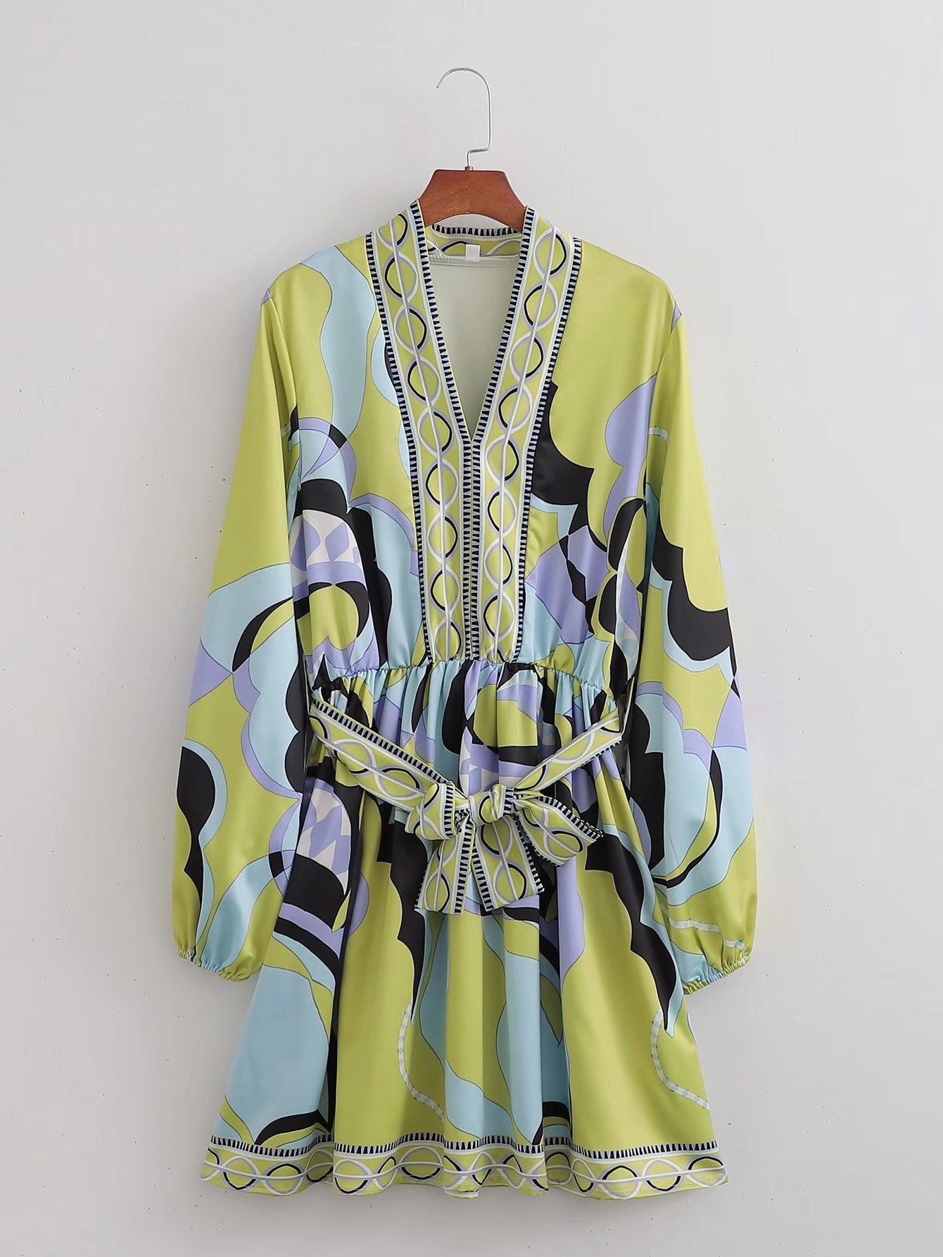 Women Clothing Summer Casual Collared Long Sleeve Printed Shirt Dress Lace-up Dress DestGlow