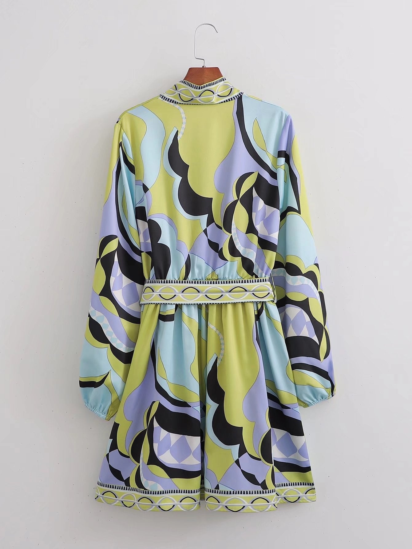 Women Clothing Summer Casual Collared Long Sleeve Printed Shirt Dress Lace-up Dress DestGlow
