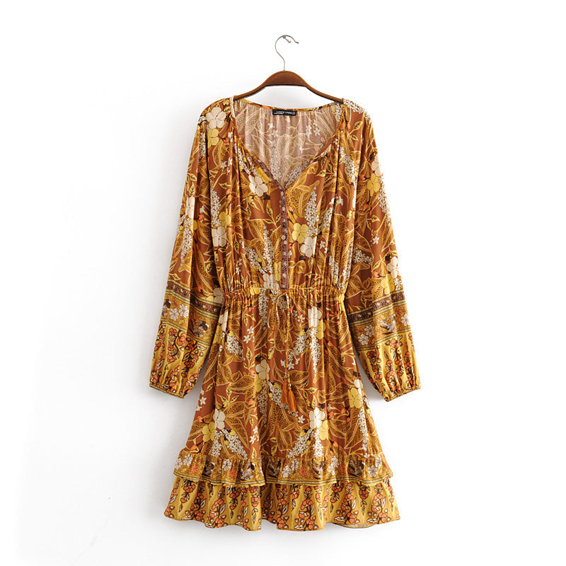 Women Rayon Positioning Tassel Copper Cylinder Elastic Waist Dress by Ragazza