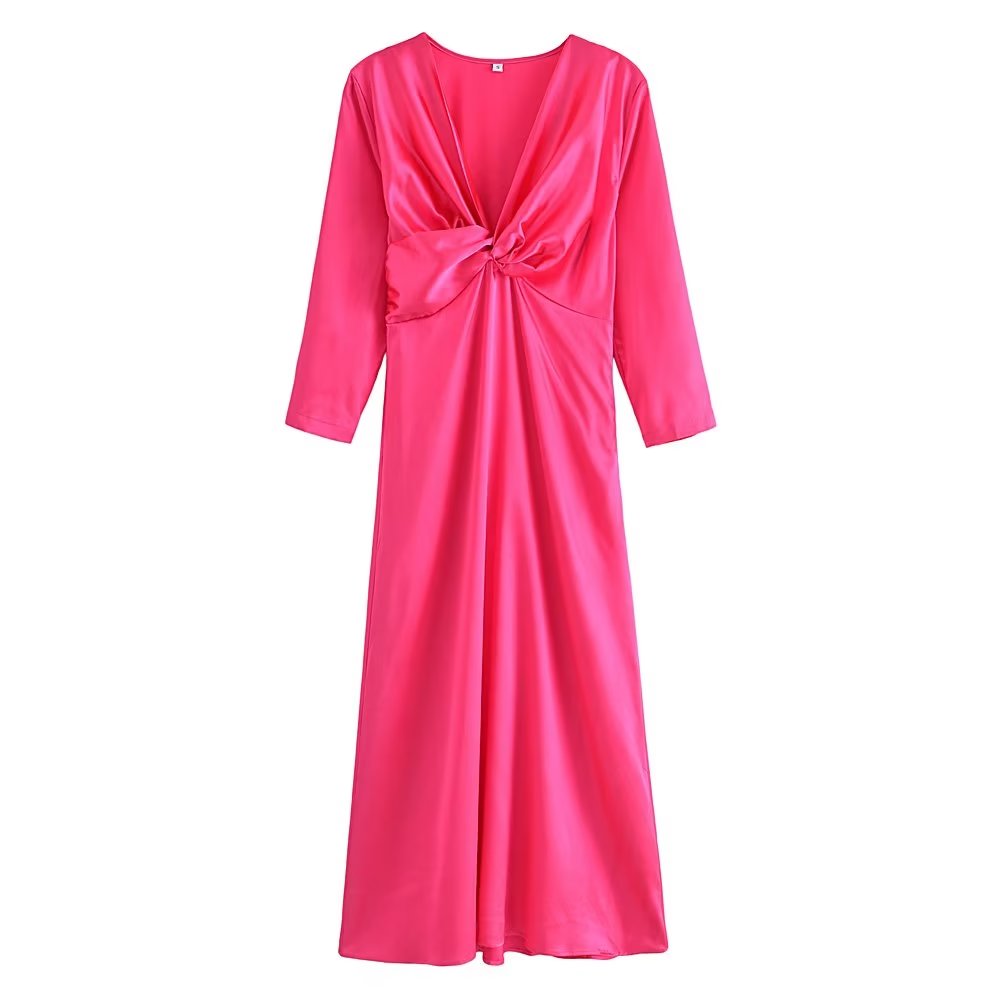 Fall Women Clothing V neck Silk Forged Texture Bow Tie Elastic Sleeve Dress by Ragazza