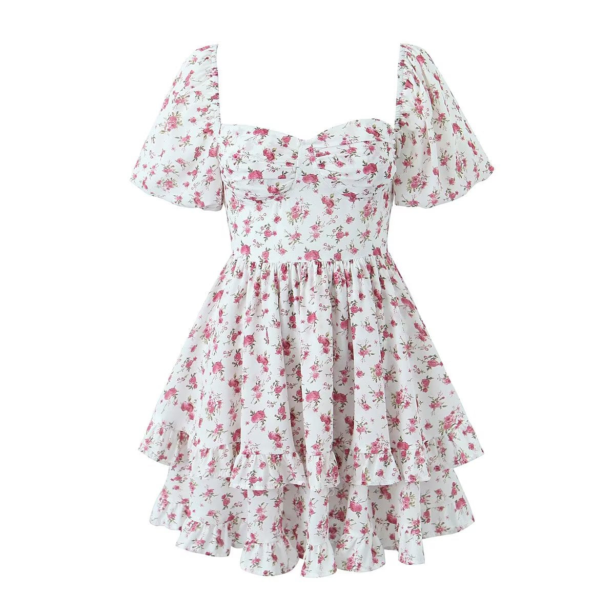 Women Clothing Summer Spicy Puff Sleeve Sexy Pink Printing Waist Dress by Ragazza