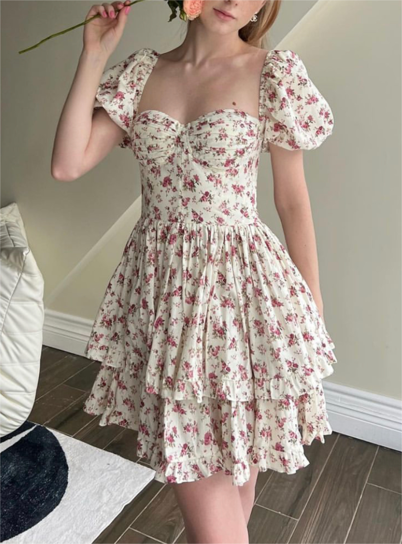 Women Clothing Summer Spicy Puff Sleeve Sexy Pink Printing Waist Dress by Ragazza
