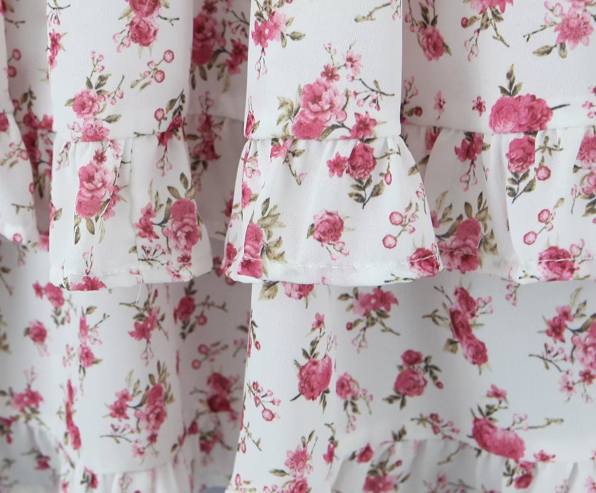 Women Clothing Summer Spicy Puff Sleeve Sexy Pink Printing Waist Dress by Ragazza