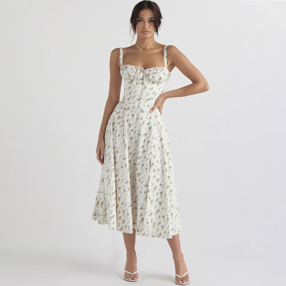 Women Clothing Sexy Backless Slim Fit Strap Dress Vacation Floral Split Mid Length Dress by Ragazza