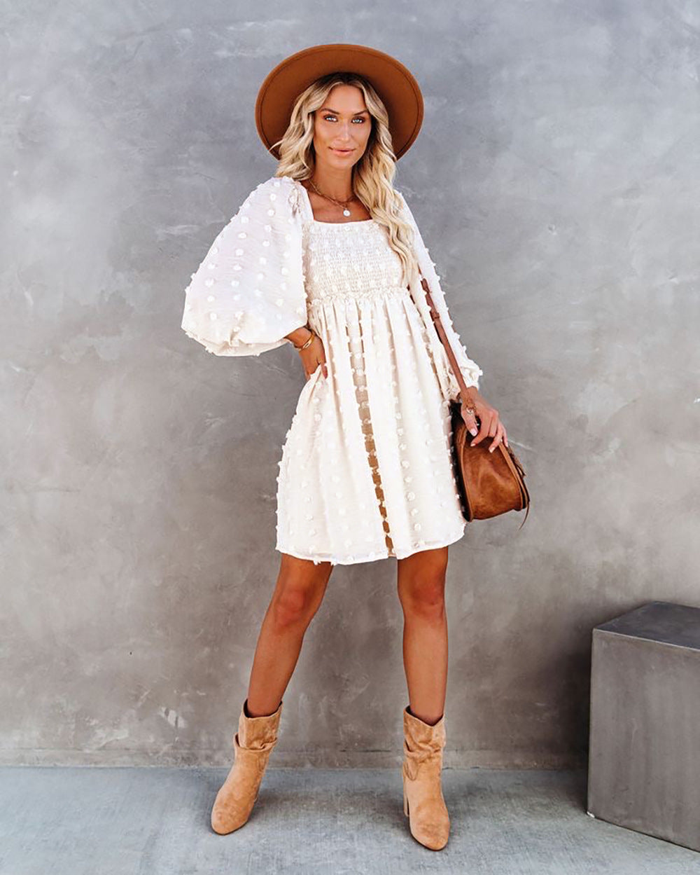 Square Collar Chiffon Polka Dots Short Lantern Sleeve Dress DestGlow