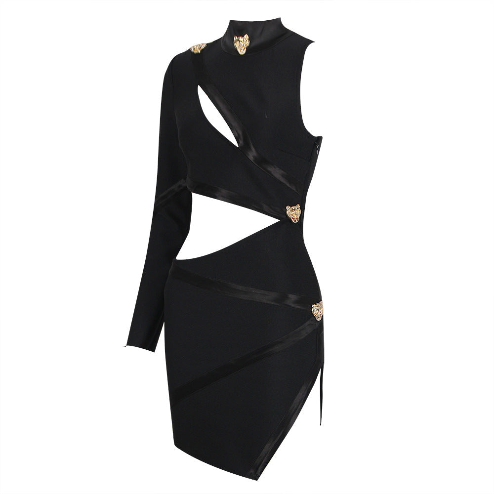 Spring Summer Sexy Hollow Out Cutout Single Long Sleeve Scarf Collar Dress Women Clothing Bandage One Piece Dress by Ragazza
