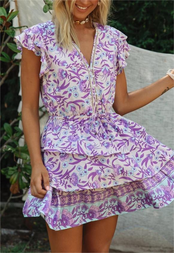 Autumn Winter Women Clothing Short Sleeve Ruffle Sleeve Printed Dress DestGlow