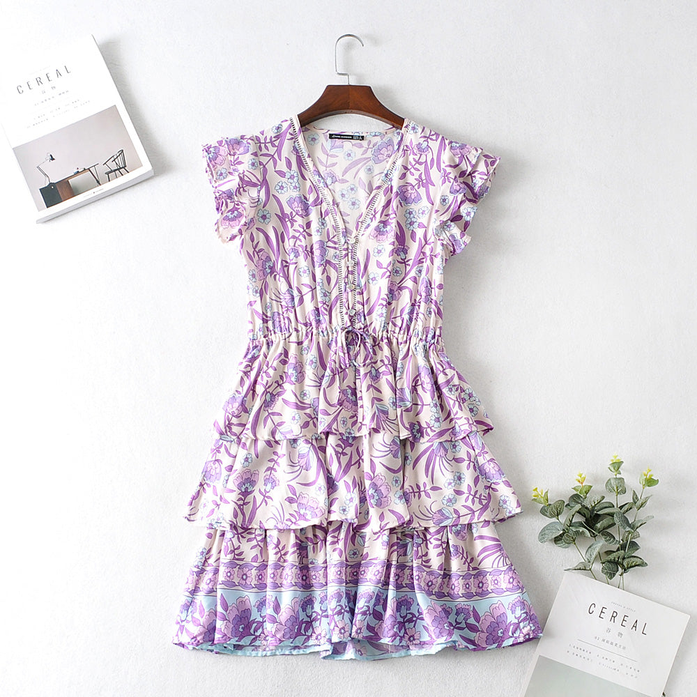 Autumn Winter Women Clothing Short Sleeve Ruffle Sleeve Printed Dress DestGlow