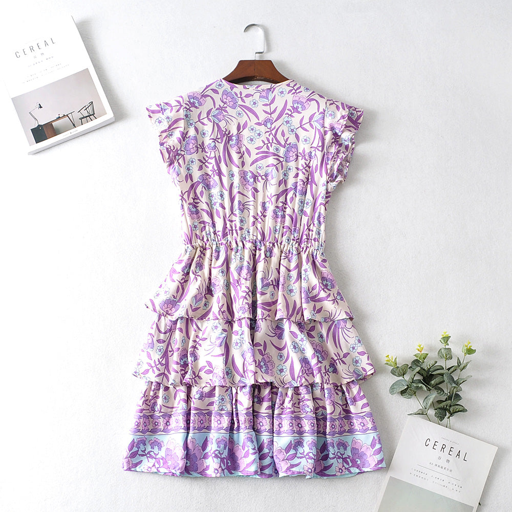 Autumn Winter Women Clothing Short Sleeve Ruffle Sleeve Printed Dress DestGlow