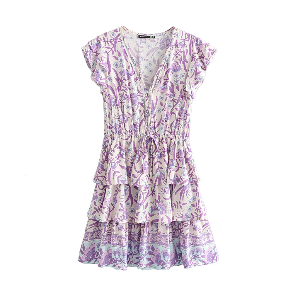 Autumn Winter Women Clothing Short Sleeve Ruffle Sleeve Printed Dress DestGlow