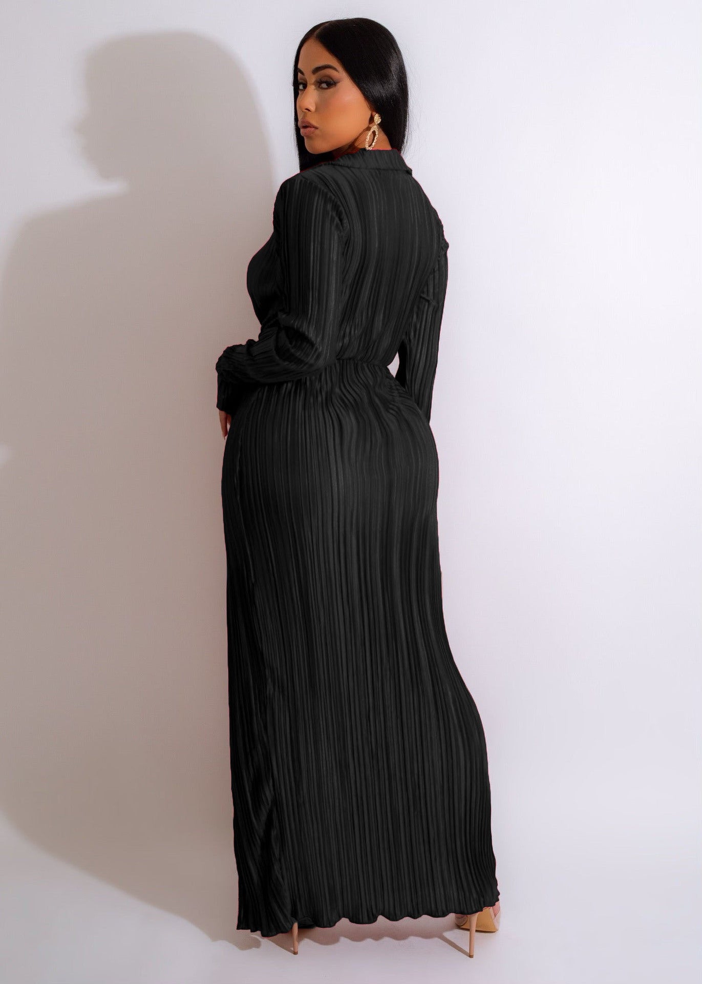 Sexy Slit Dress Autumn Winter V neck Long Sleeve Pleated Dress by Ragazza