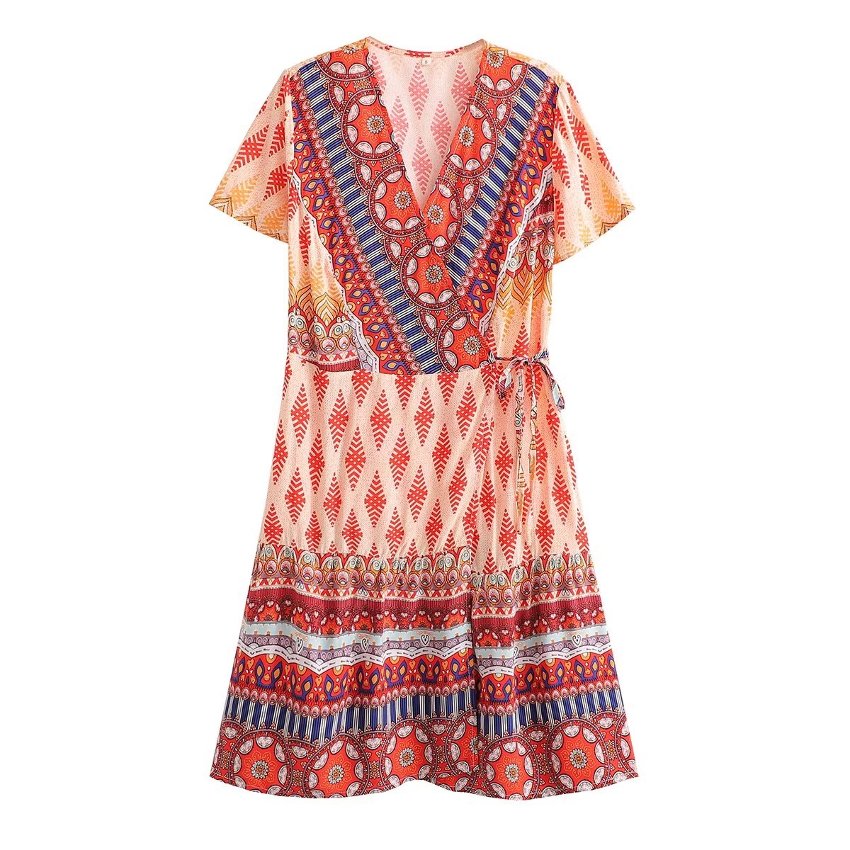 Women Printed Fresh High Waist Short Sleeve Dress by Ragazza