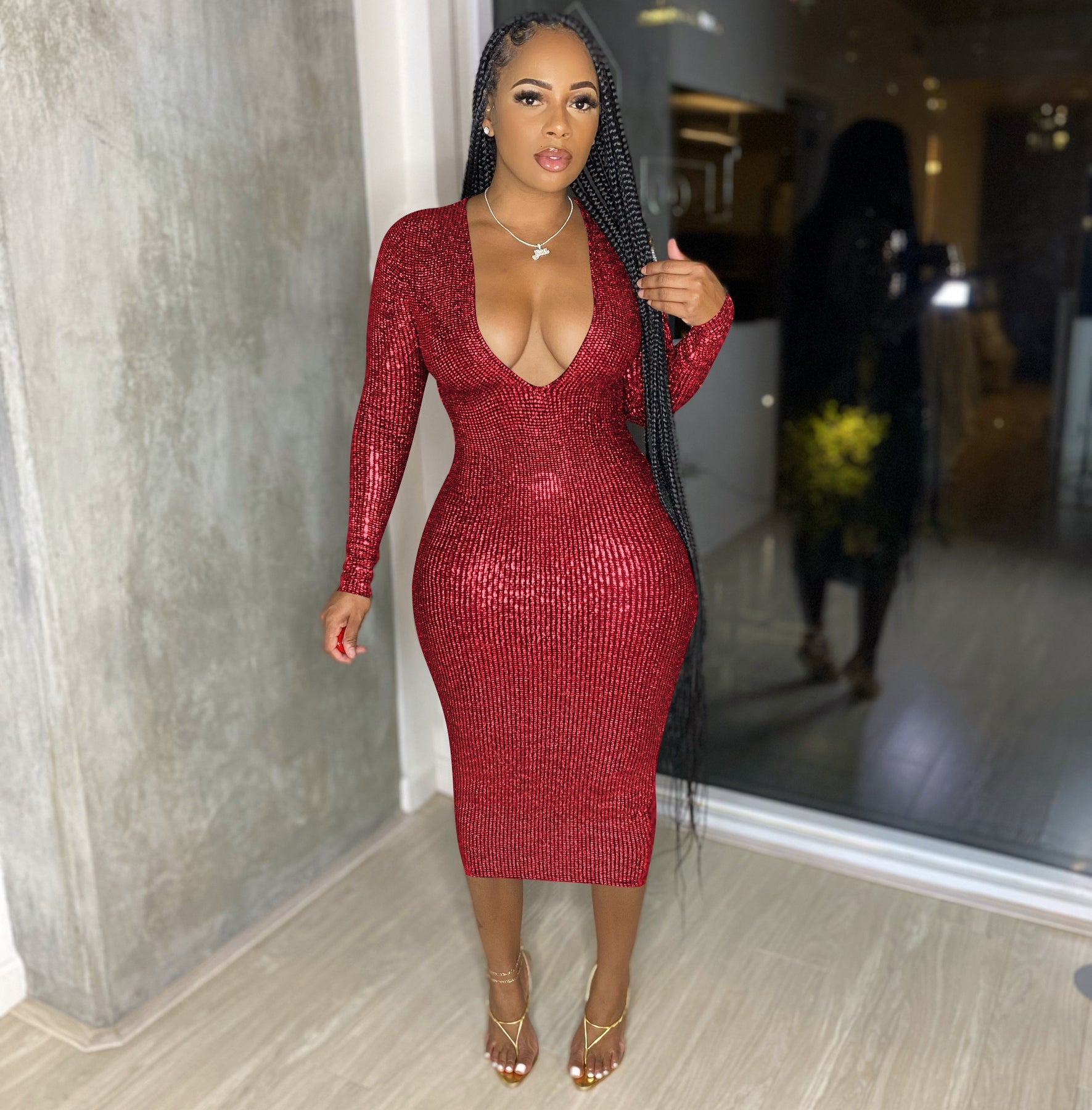 Women Clothing Graceful Fashionable Deep V Plunge Bronzing Fabric Dress Women Clothing by Ragazza