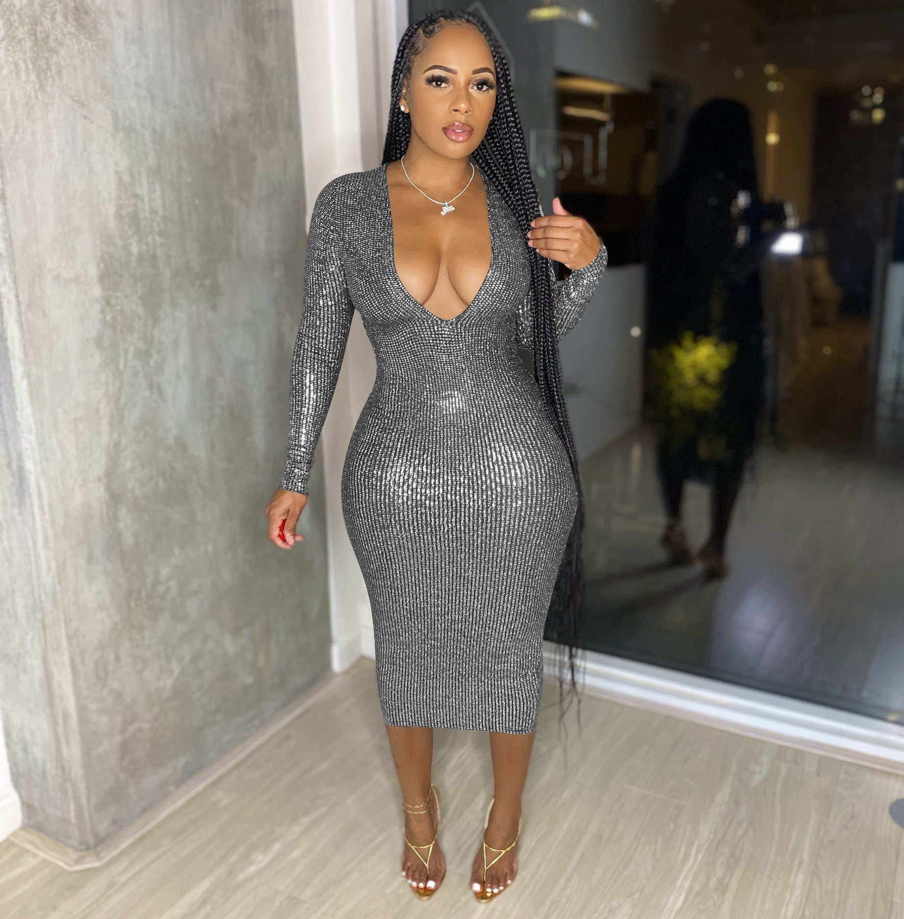 Women Clothing Graceful Fashionable Deep V Plunge Bronzing Fabric Dress Women Clothing by Ragazza