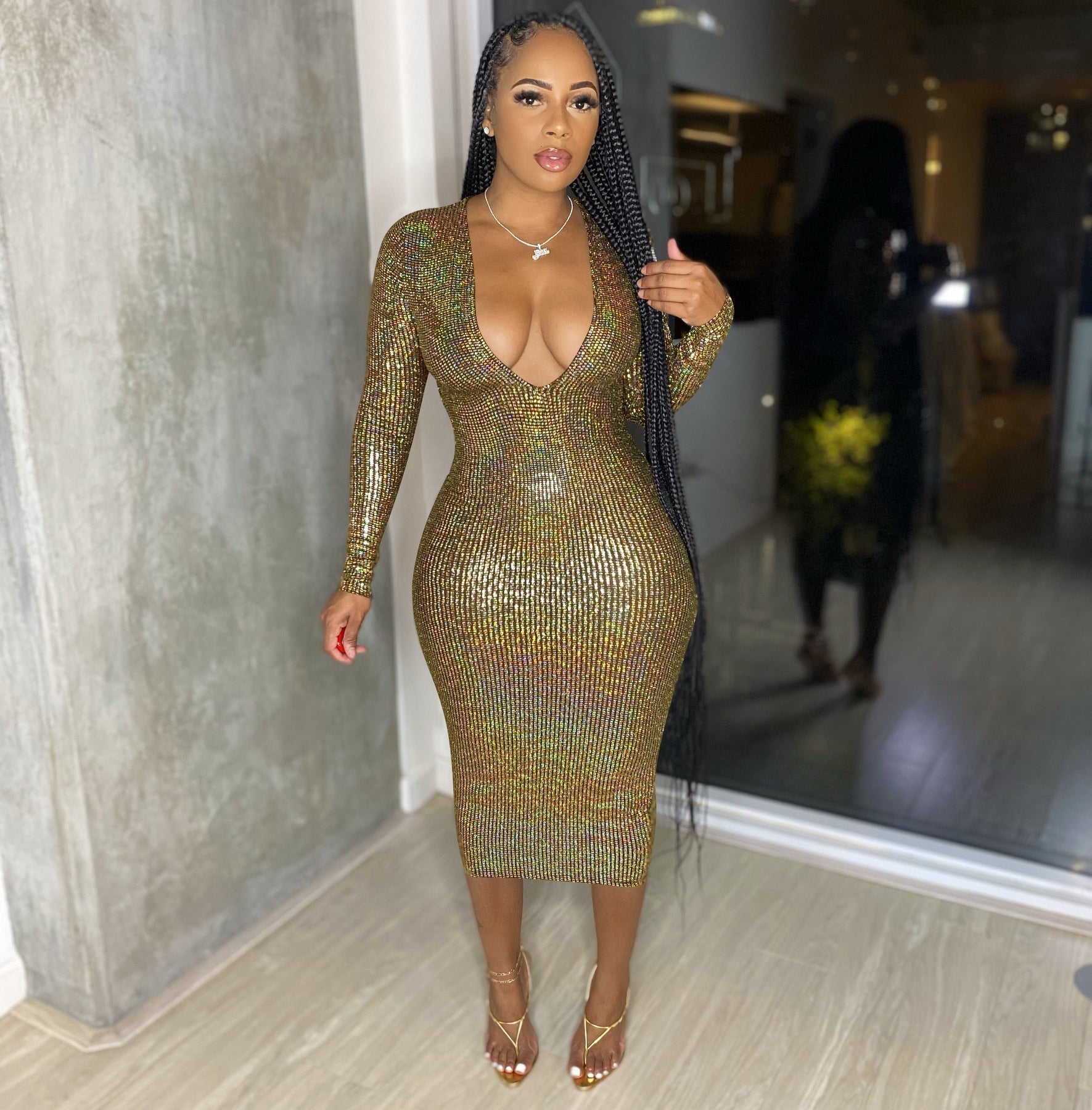 Women Clothing Graceful Fashionable Deep V Plunge Bronzing Fabric Dress Women Clothing by Ragazza