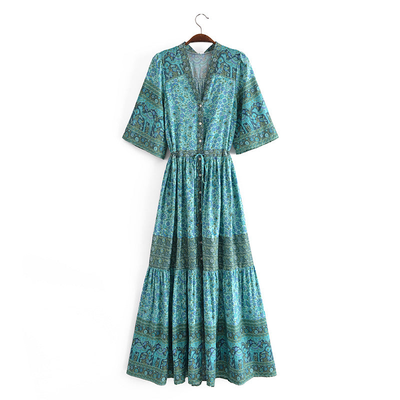 Bohemian Ethnic Vacation Summer Positioning Printed V neck Waist Controlled Large Hem Maxi Dress by Ragazza