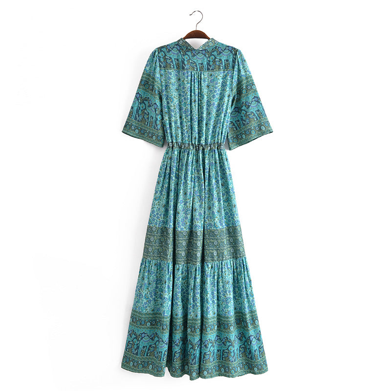 Bohemian Ethnic Vacation Summer Positioning Printed V neck Waist Controlled Large Hem Maxi Dress by Ragazza