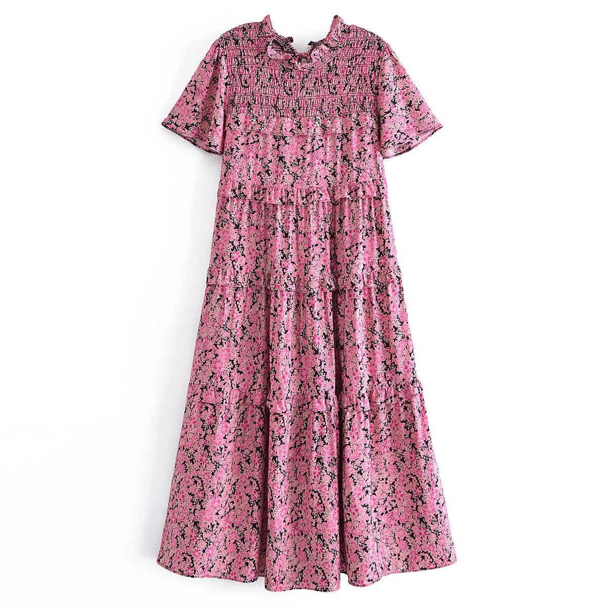 Pink Floral Print Ruffled Floral Print Sleeve Loose Dress Layered Cake Lace by Ragazza