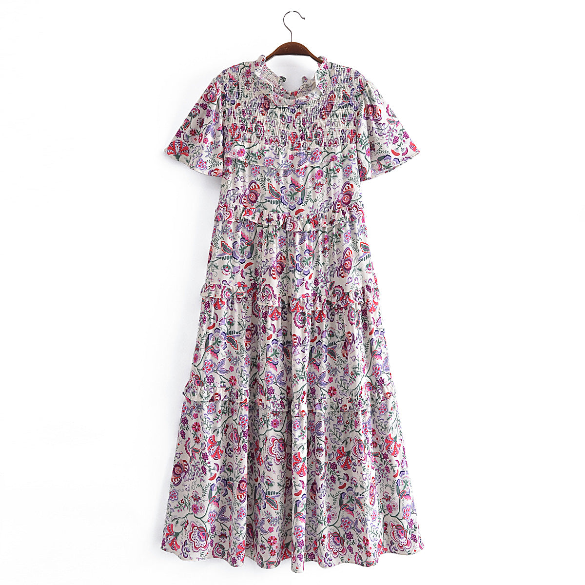 Ruffled Sleeve Waist Dress V neck Printed Tiered Dress by Ragazza