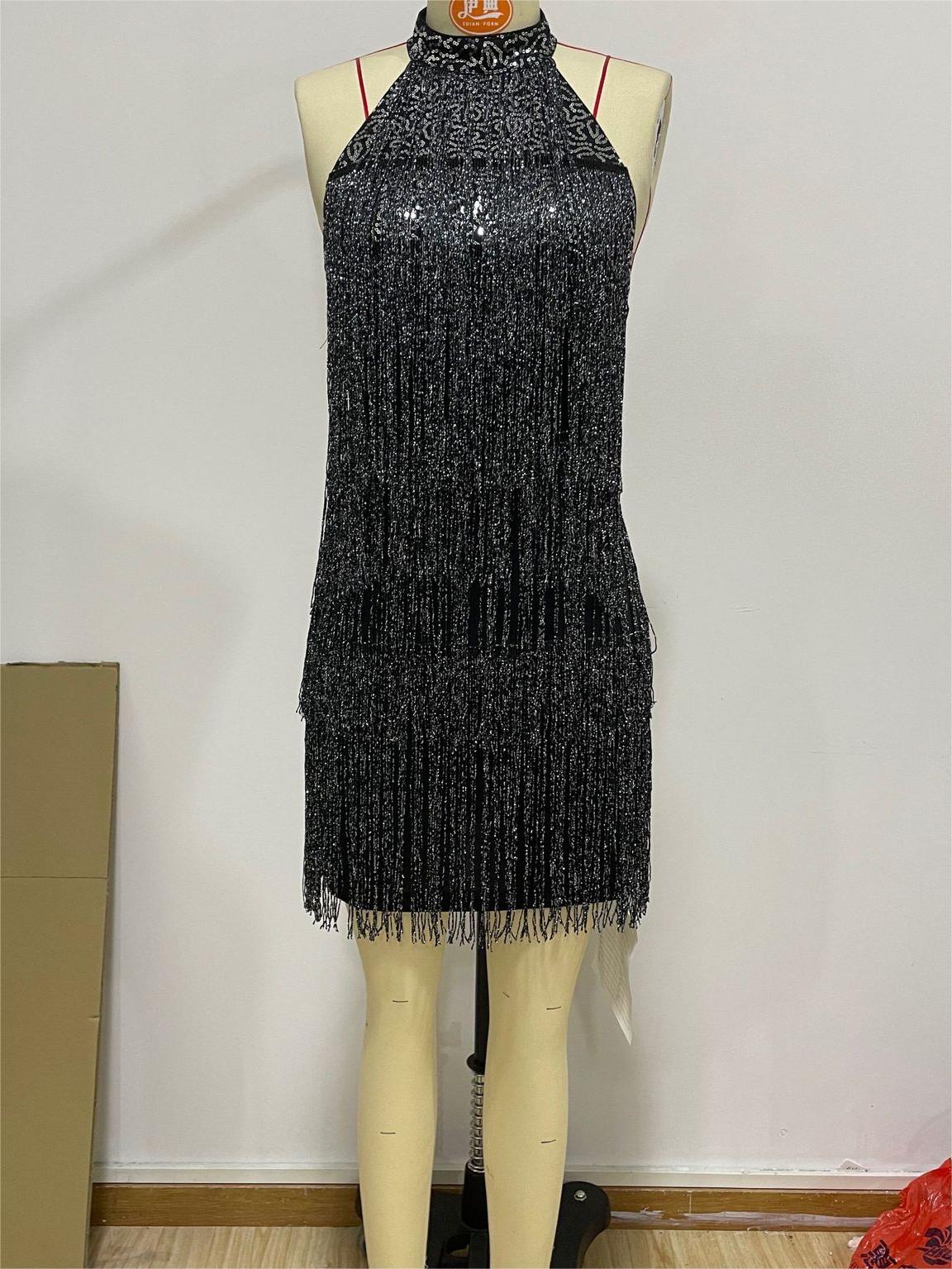 Women Clothing Sexy Low Cut V neck Chest Sequined Material Back Cross Strap Dress by Ragazza
