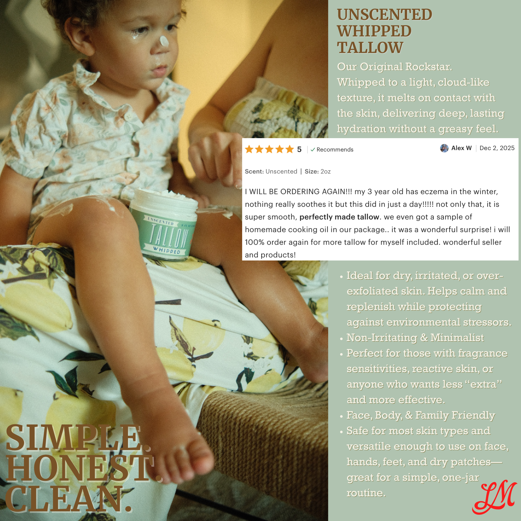 Unscented Whipped Tallow – All-Natural Moisturizer | Pure Beef Tallow Cream for Face & Body |Lady May Handmade, Preservative-Free Skincare