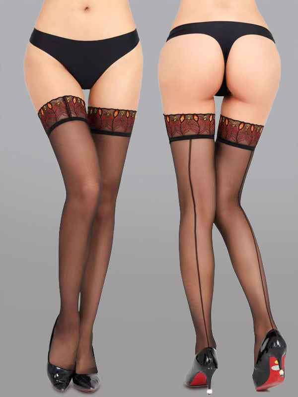 Sexy Peacock Lace Trim Thigh High Stockings