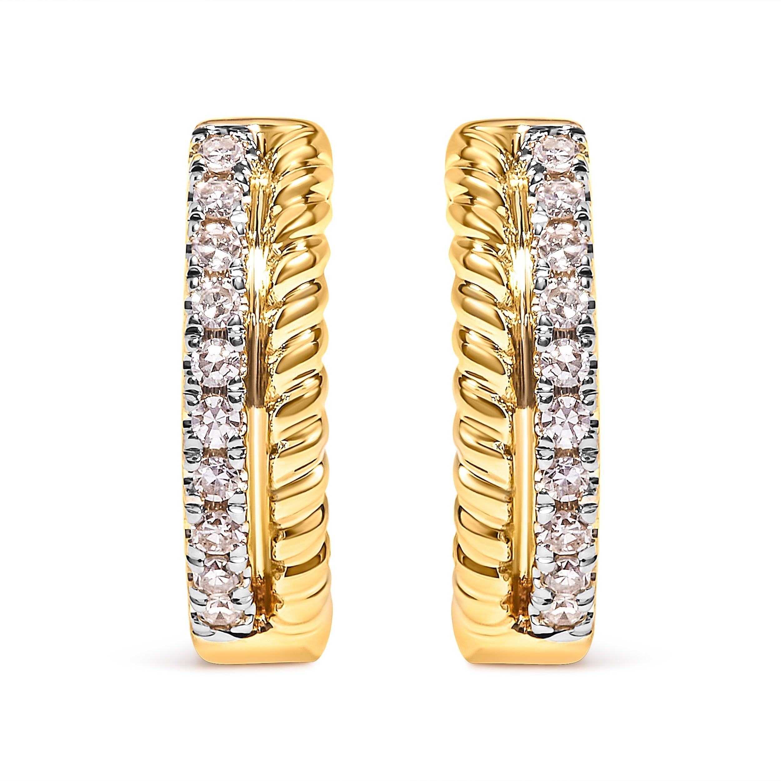 10K Yellow Gold 1/10 Cttw Diamond and Rope Twist Huggy Hoop Earrings (H-I Color, I1-I2 Clarity) DestGlow