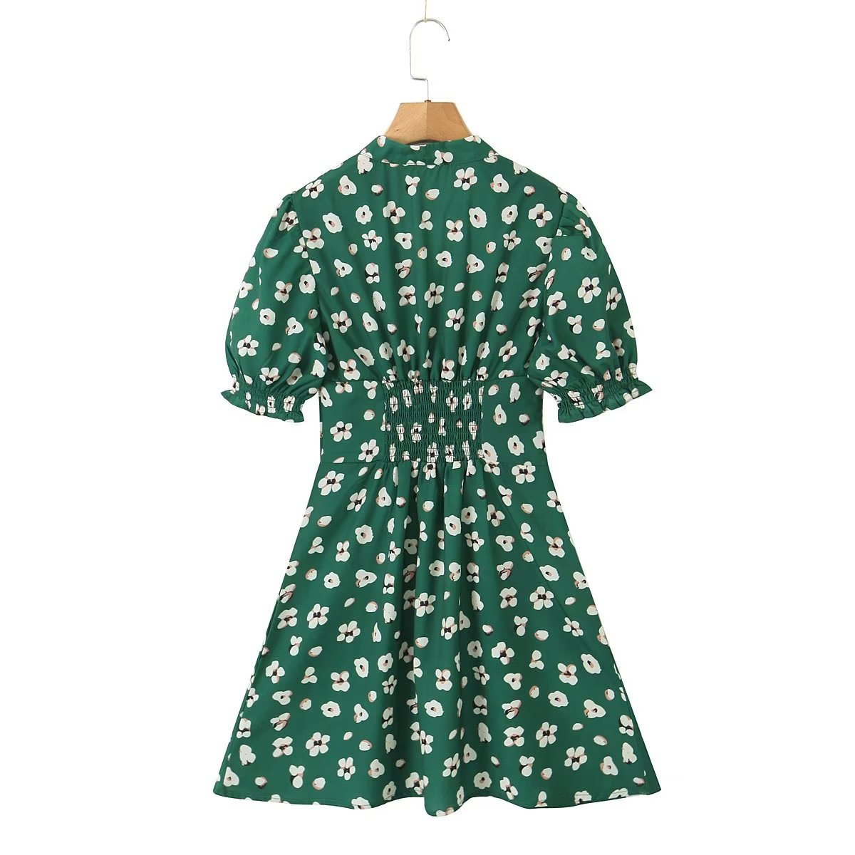 Green Shivering Short Sleeve Dress Women Summer Slim Fit V neck Slimming Tea Break by Ragazza