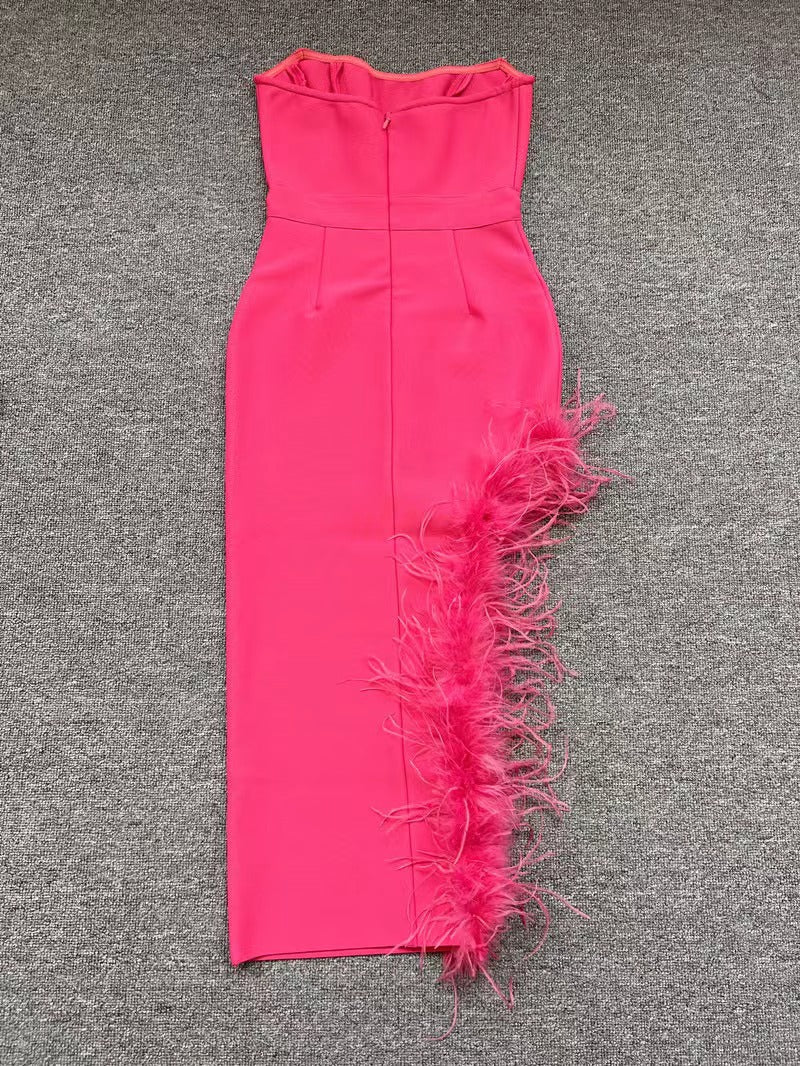 Summer High Waist Feather Split Sleeveless Tube Top Midi Dress Sexy Sweet Dress by Ragazza