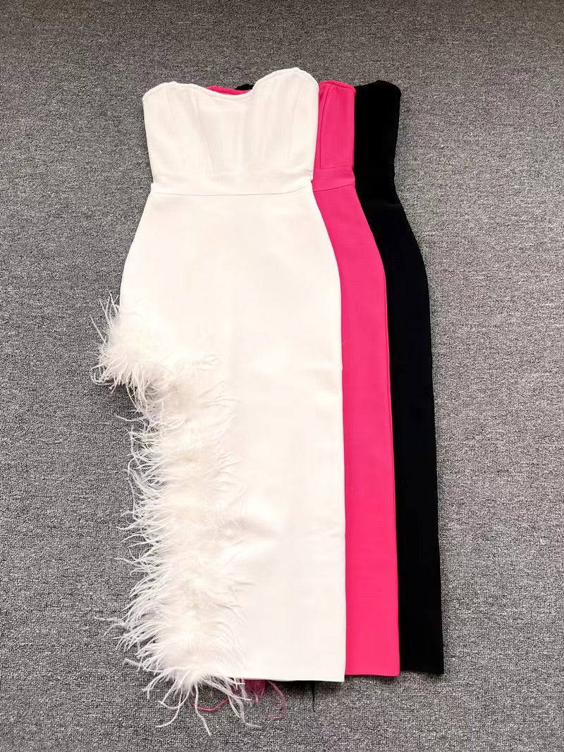 Summer High Waist Feather Split Sleeveless Tube Top Midi Dress Sexy Sweet Dress by Ragazza