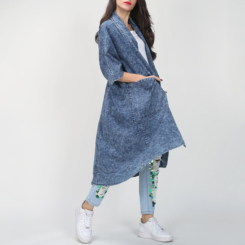 Autumn Winter Loose Lapels Half Sleeve Irregular Asymmetric Hem Long Denim Trench Coat Coat for Women by Ragazza
