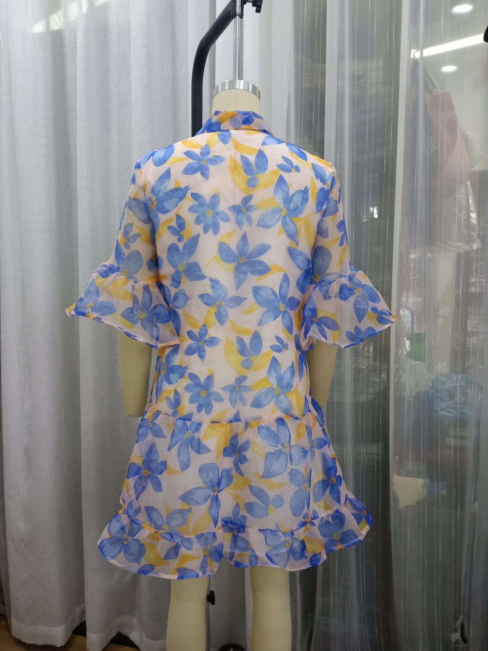 Women Spring Women Blue Big Floral Short Sleeve Dress by Ragazza
