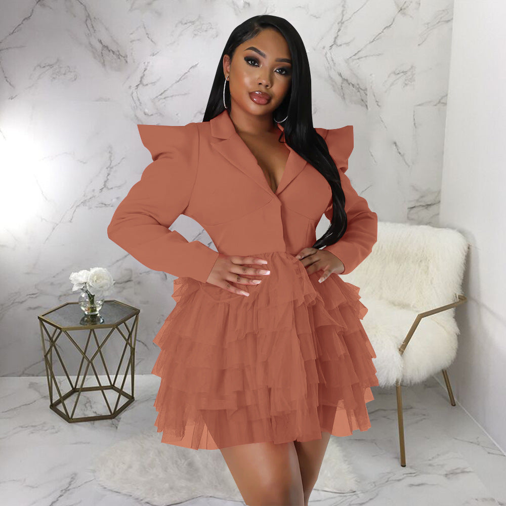 Autumn Mesh V neck Patchwork Right Angle Shoulder Dress by Ragazza