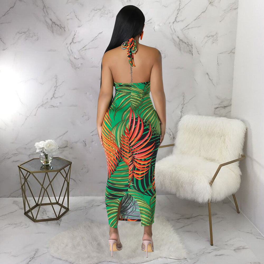 Women Clothing Sexy Sleeveless Lace up Backless Dress Split Printed Dress by Ragazza