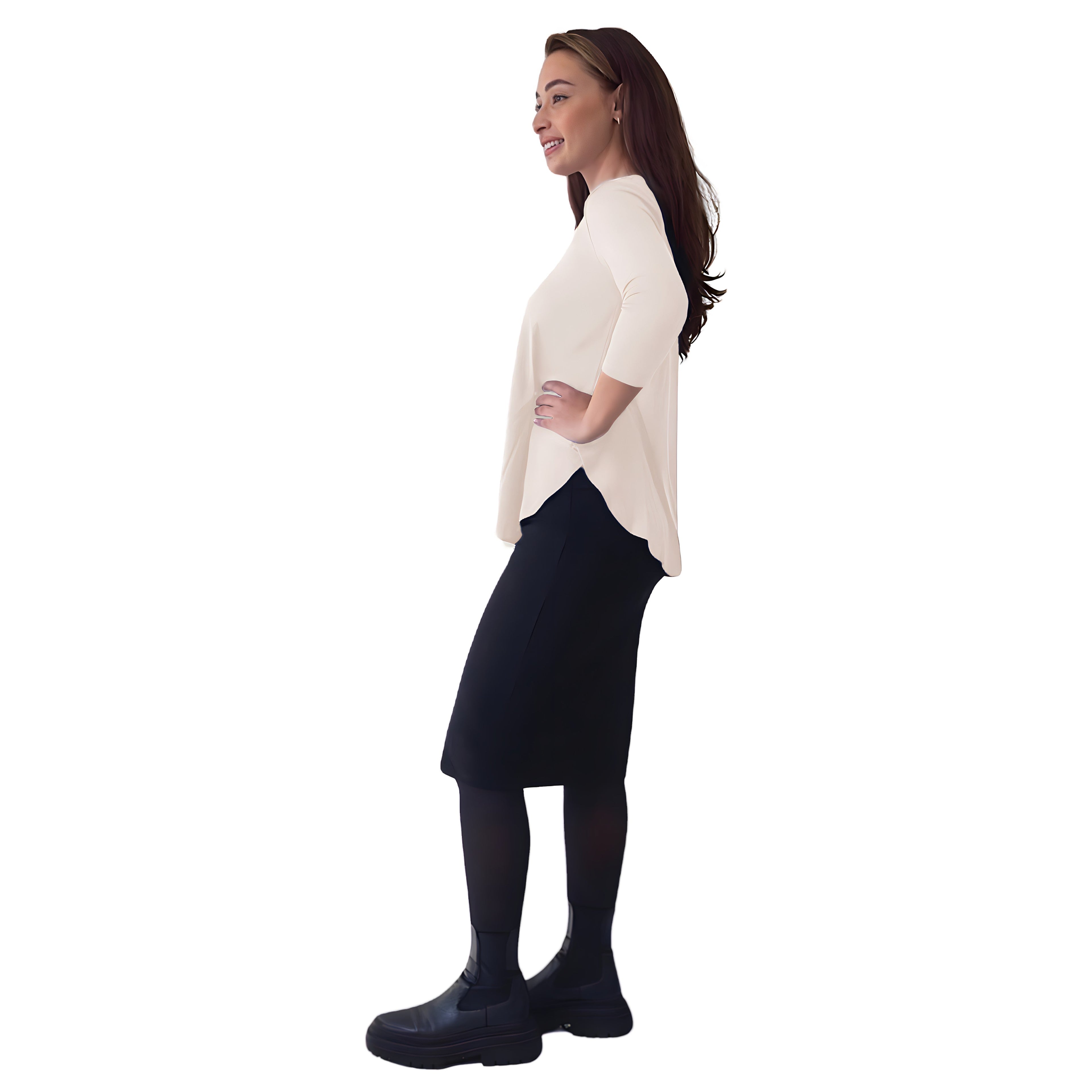 Curved Side Hem Tunic with 3/4 Sleeves and Modest Crew Neckline by Kosher Casual USA