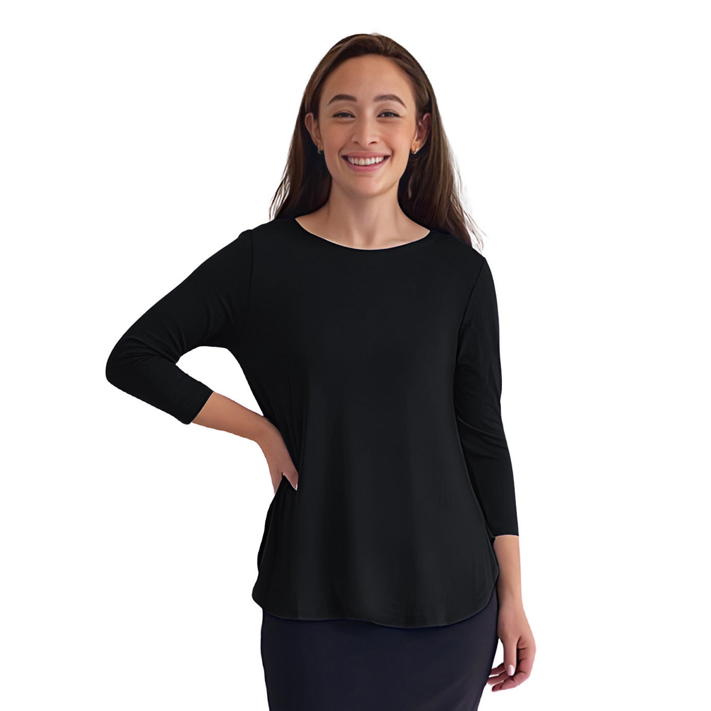 Curved Side Hem Tunic with 3/4 Sleeves and Modest Crew Neckline by Kosher Casual USA