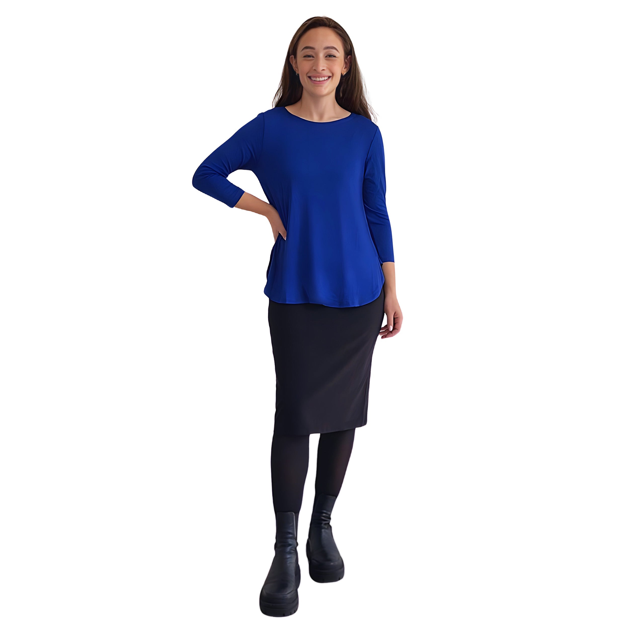 Curved Side Hem Tunic with 3/4 Sleeves and Modest Crew Neckline by Kosher Casual USA