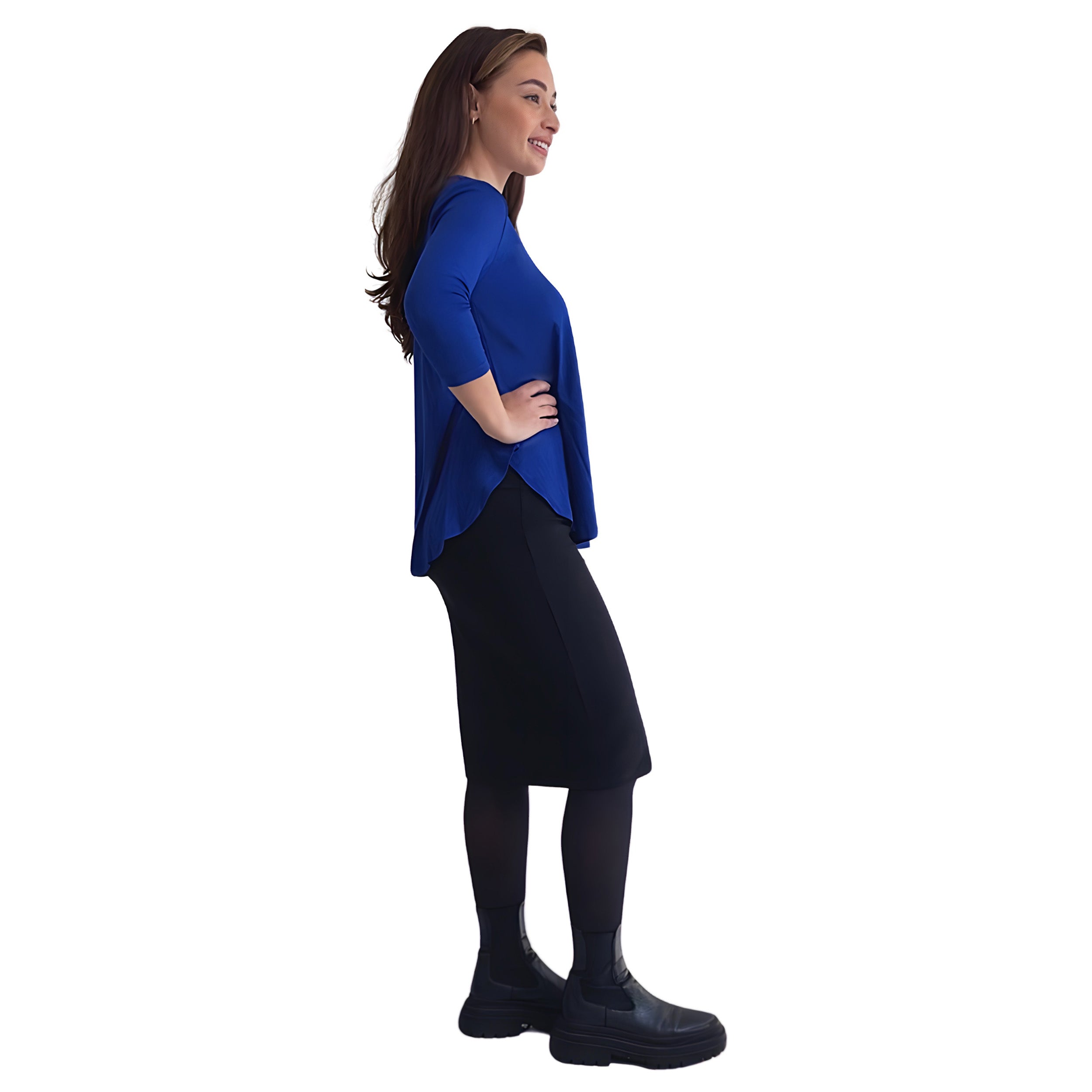 Curved Side Hem Tunic with 3/4 Sleeves and Modest Crew Neckline by Kosher Casual USA