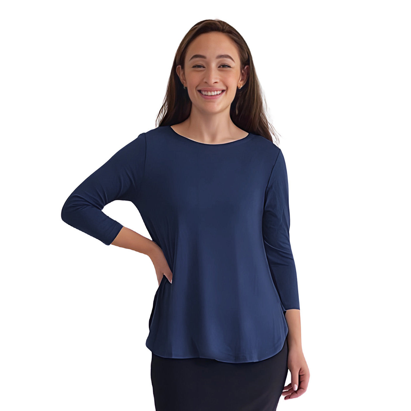 Curved Side Hem Tunic with 3/4 Sleeves and Modest Crew Neckline by Kosher Casual USA