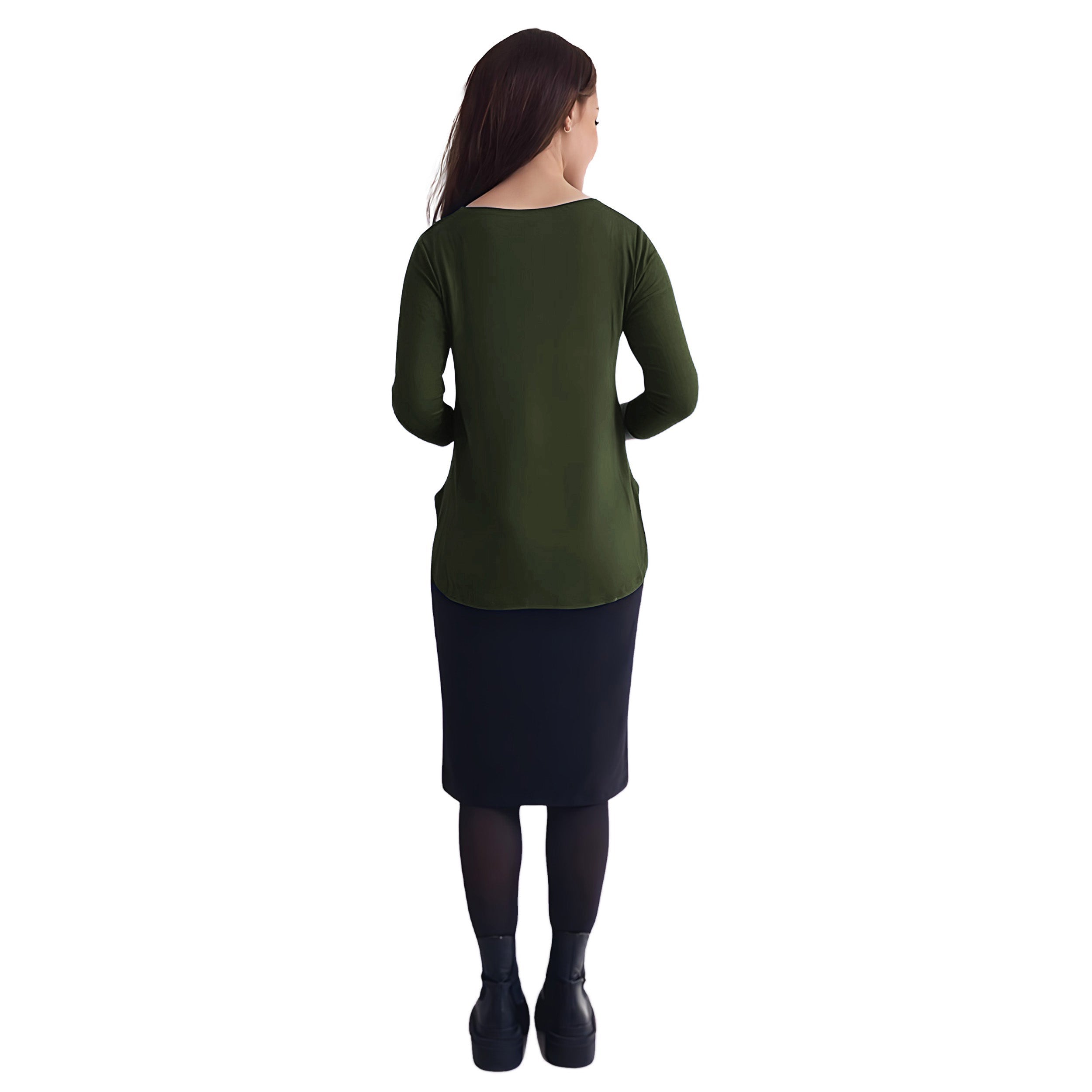Curved Side Hem Tunic with 3/4 Sleeves and Modest Crew Neckline by Kosher Casual USA