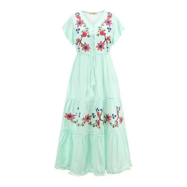 Women Summer Vacation Elegant Niche Exquisite Embroidered Flower Vacation Dress by Ragazza